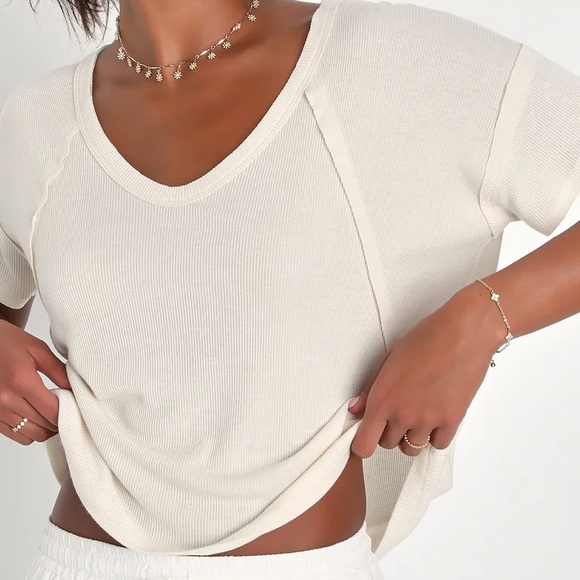 Lulus Daily Outing Cream Ribbed Short Sleeve Tee - Picture 2 of 7